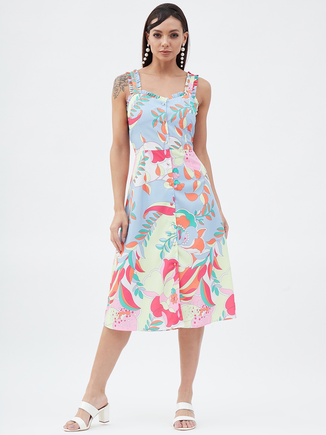 

Harpa Floral Printed Shoulder Strap Midi Dress, Peach