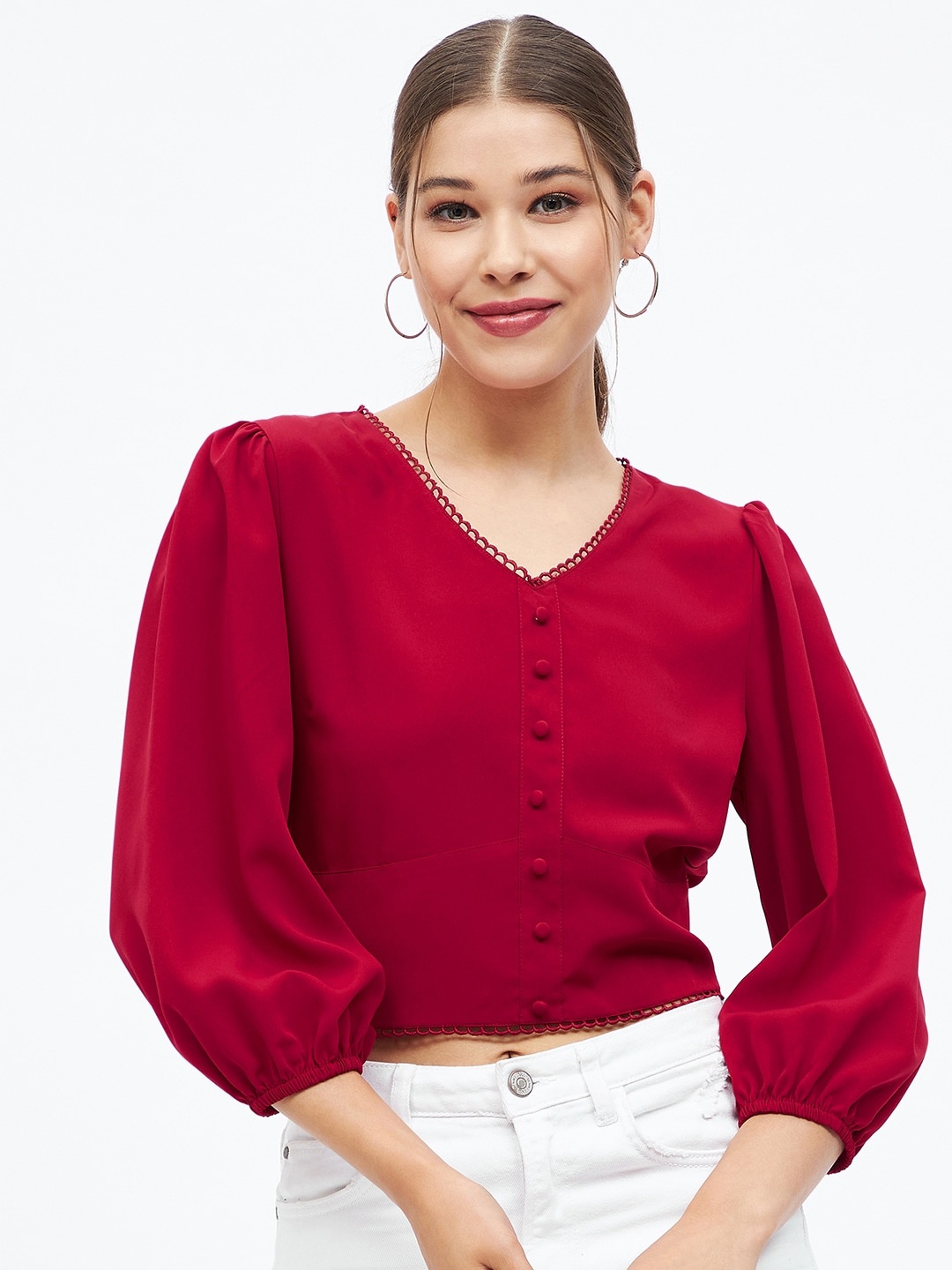 

Harpa Maroon V-Neck Puff Sleeves Crop Top