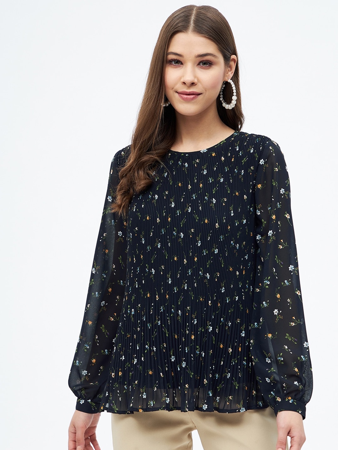 

Harpa Floral Printed Cuff Sleeve A-Line Top, Navy blue