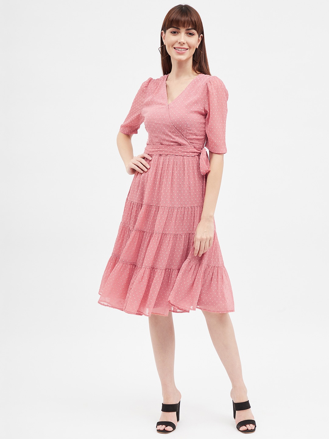 

Harpa Chiffon Self Design Fit and Flare Dress, Pink