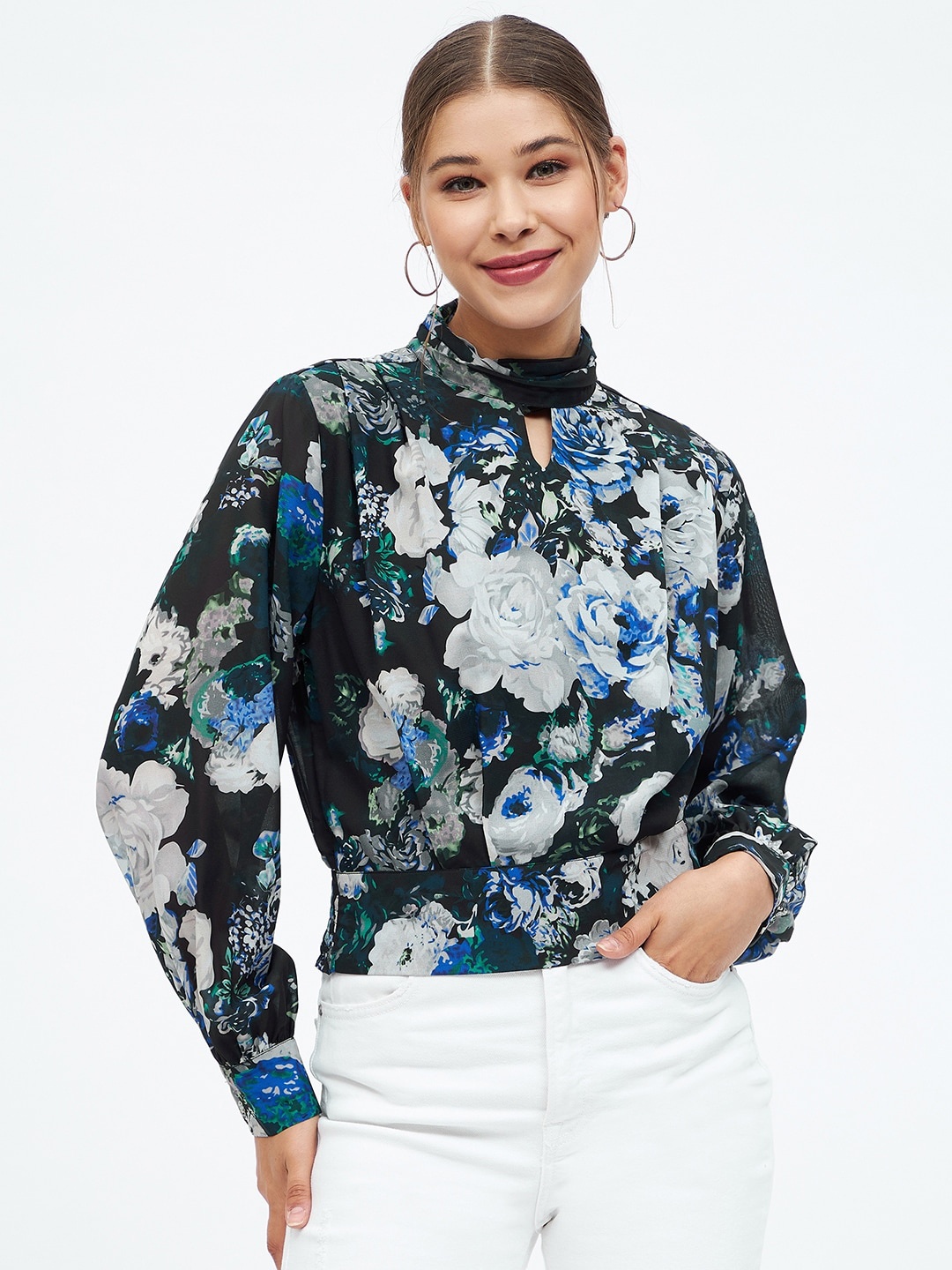 

Harpa Floral Print Georgette Crop Top, Navy blue