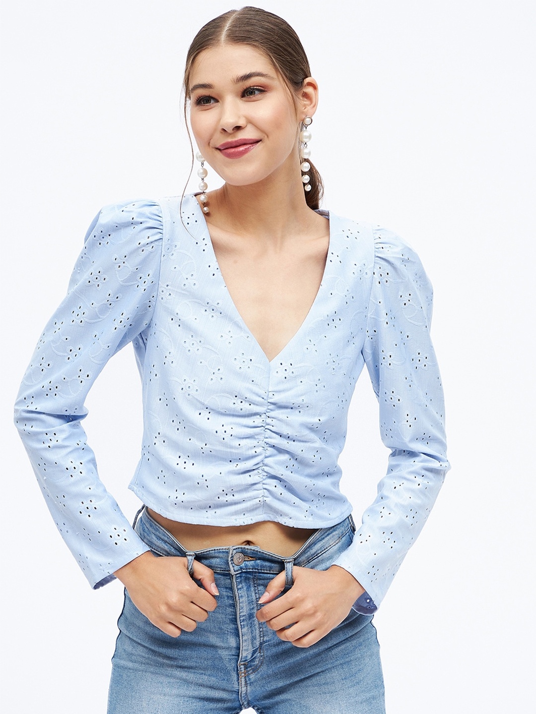 

Harpa Schiffli Floral Crop Top, Blue