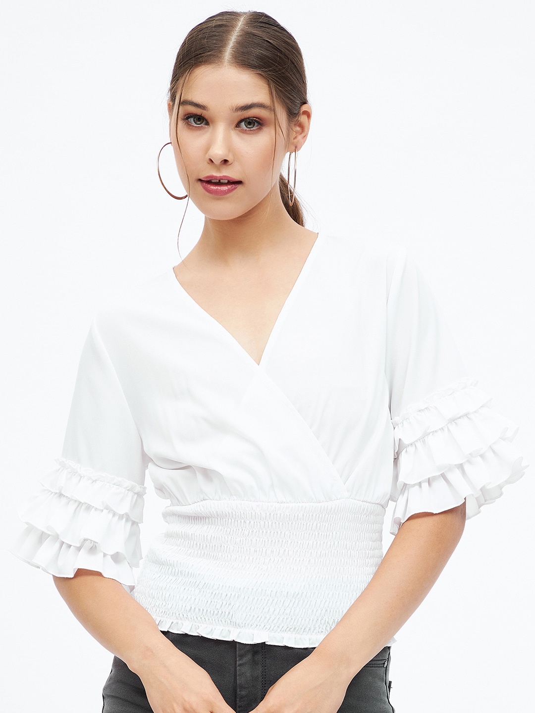 

Harpa Bell Sleeve Smocked Wrap Top, White