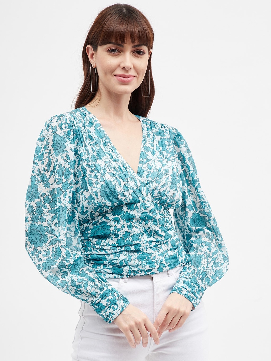 

Harpa Floral Printed Puff Sleeve Wrap Top, White
