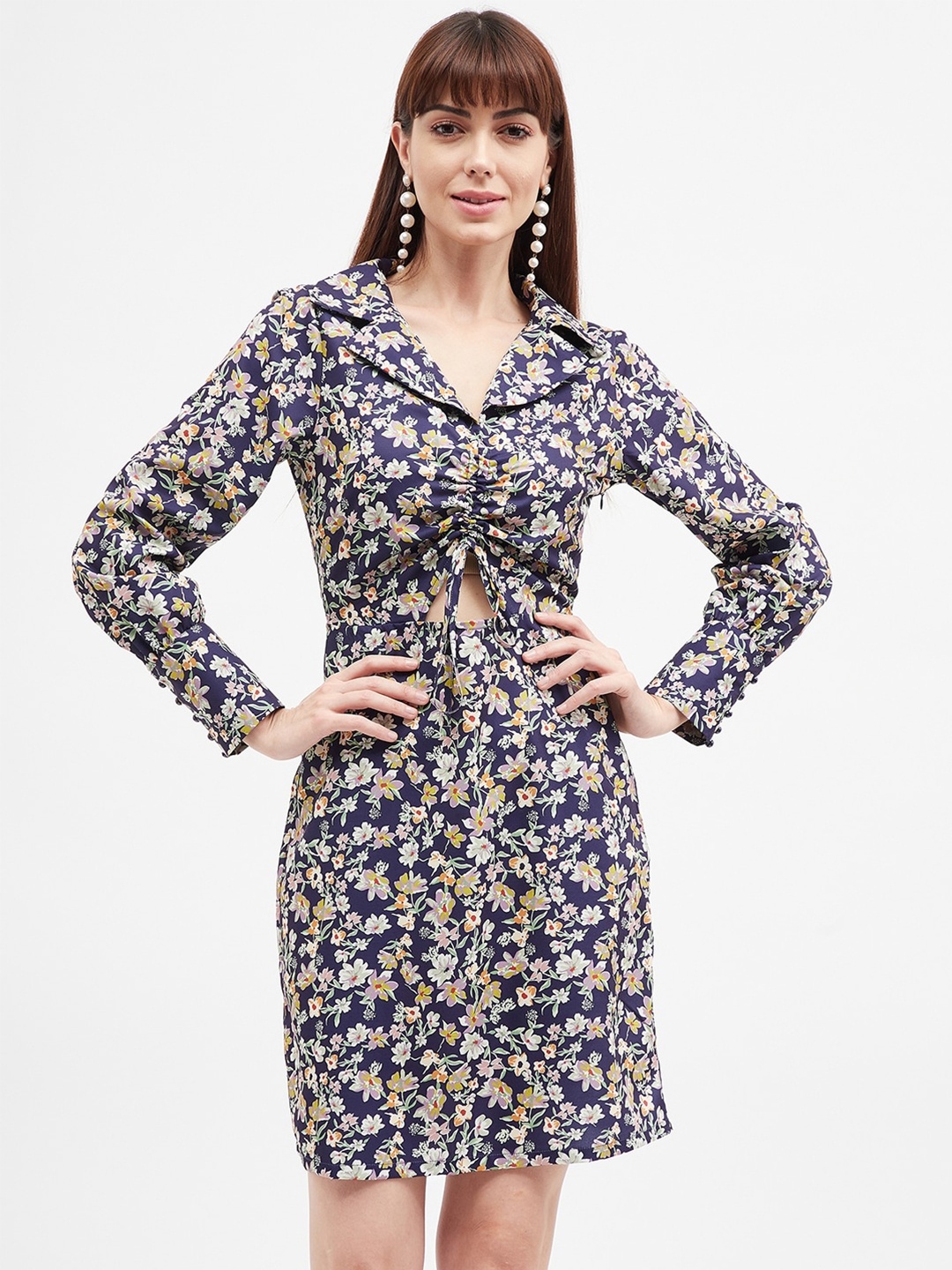 

Harpa Floral Printed Ruched Detail Shirt Dress, Navy blue