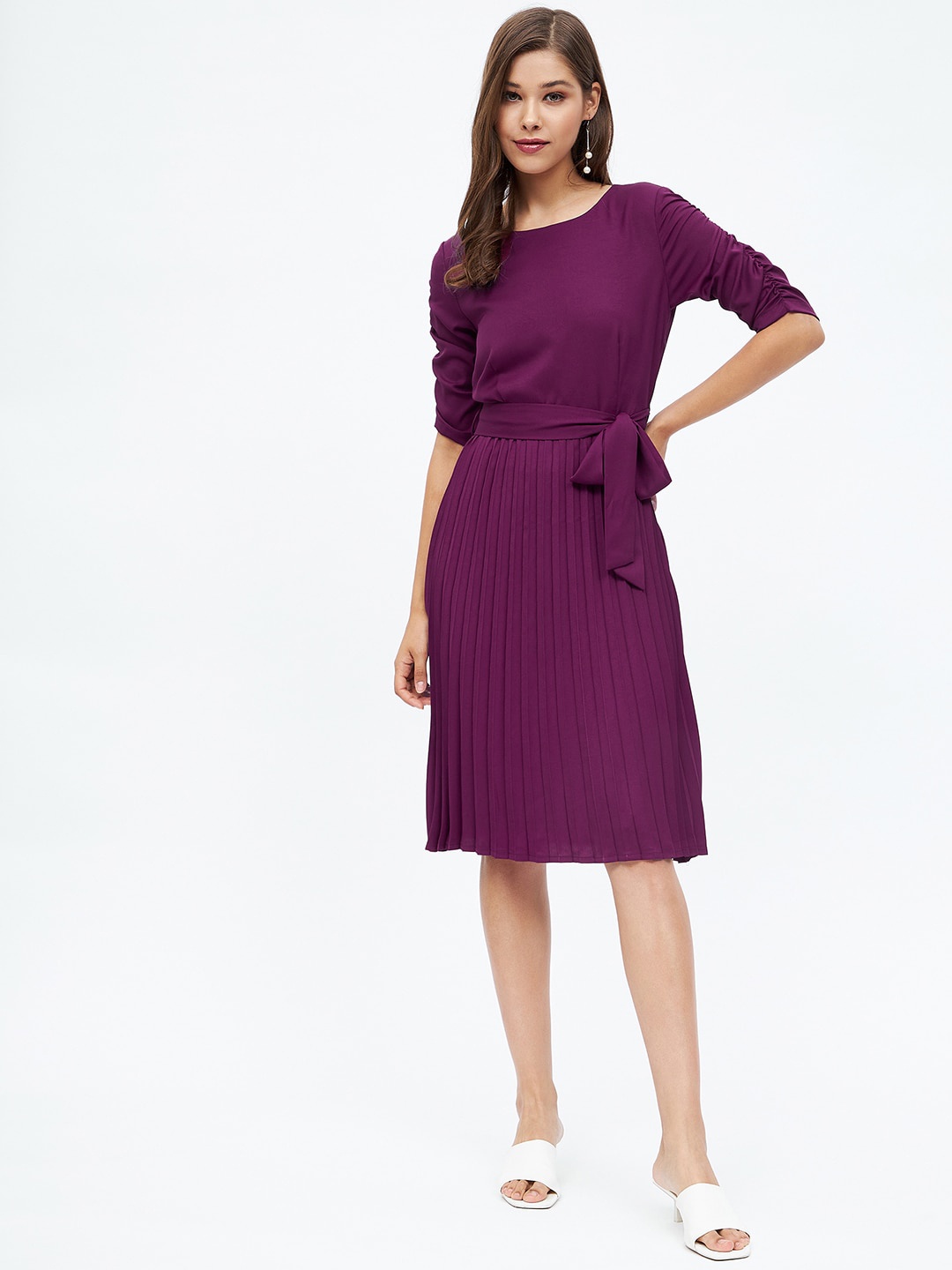 

Harpa Round Neck Accordion Pleated A-Line Dress, Purple