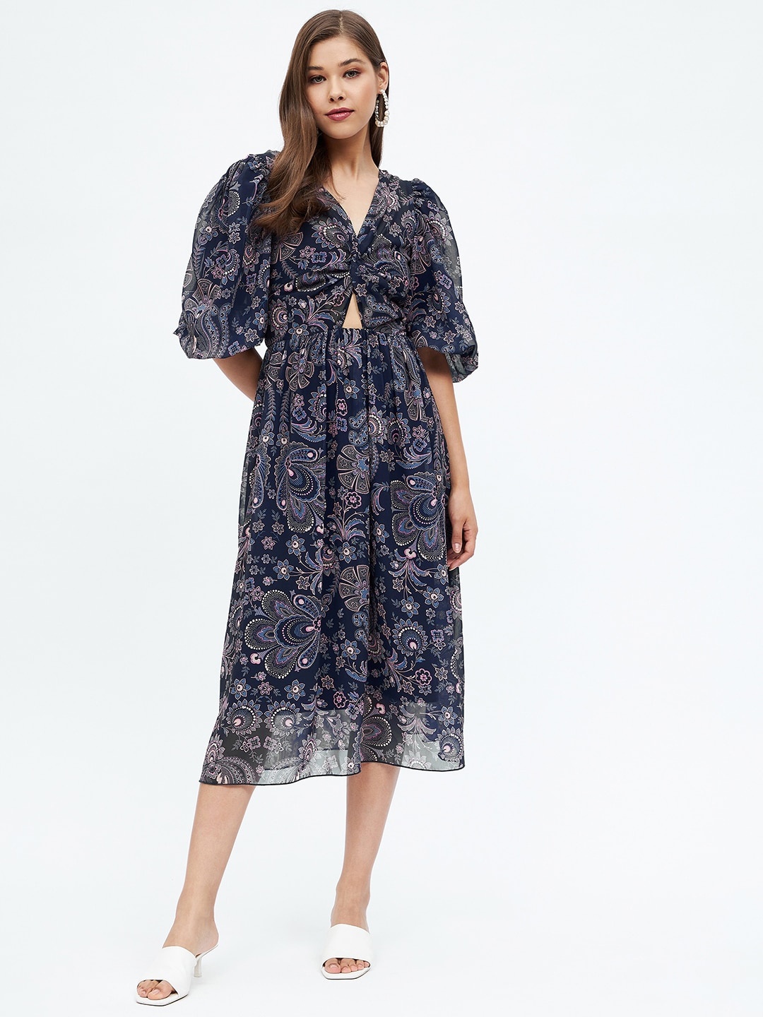 

Harpa Floral Printed Gathered Puff Sleeves Midi A-Line Dress, Navy blue
