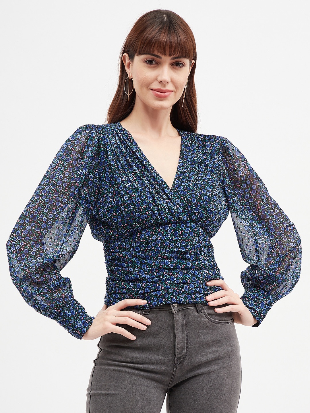 

Harpa Floral Printed Wrap Top, Navy blue