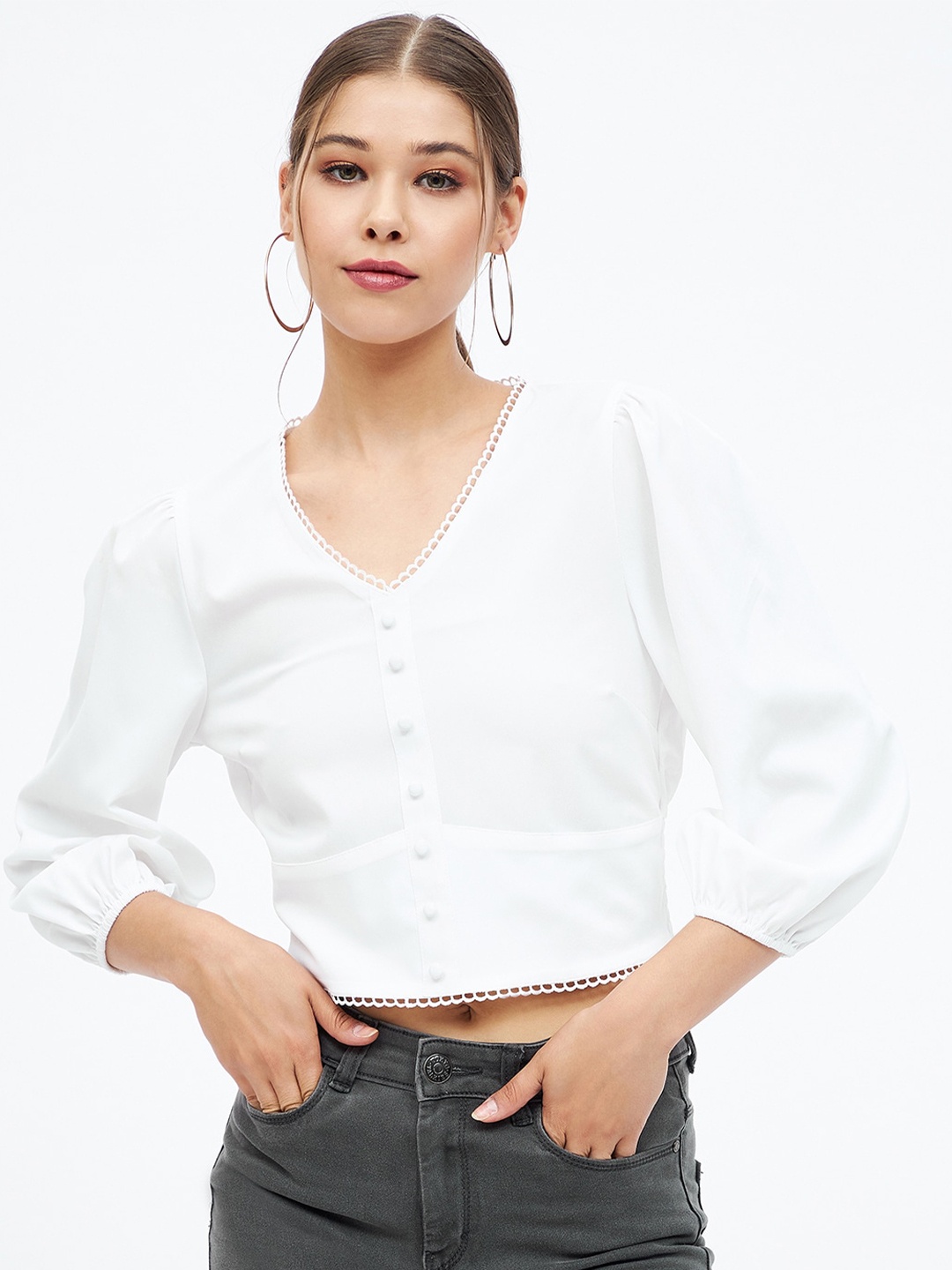 

Harpa V Neck Puff Sleeves Crop Top, White