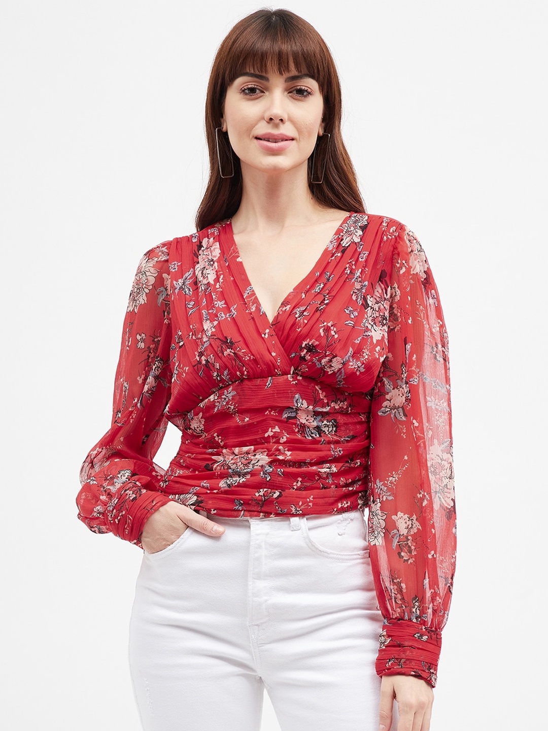 

Harpa Floral Print Chiffon Wrap Crop Top, Red