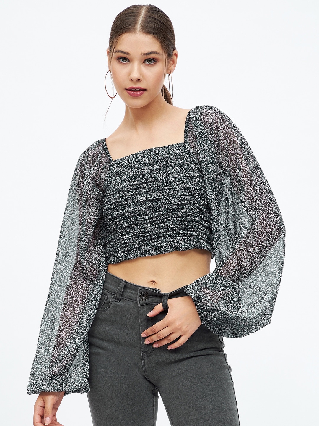 

Harpa Abstract Printed Chiffon Crop Top, Black