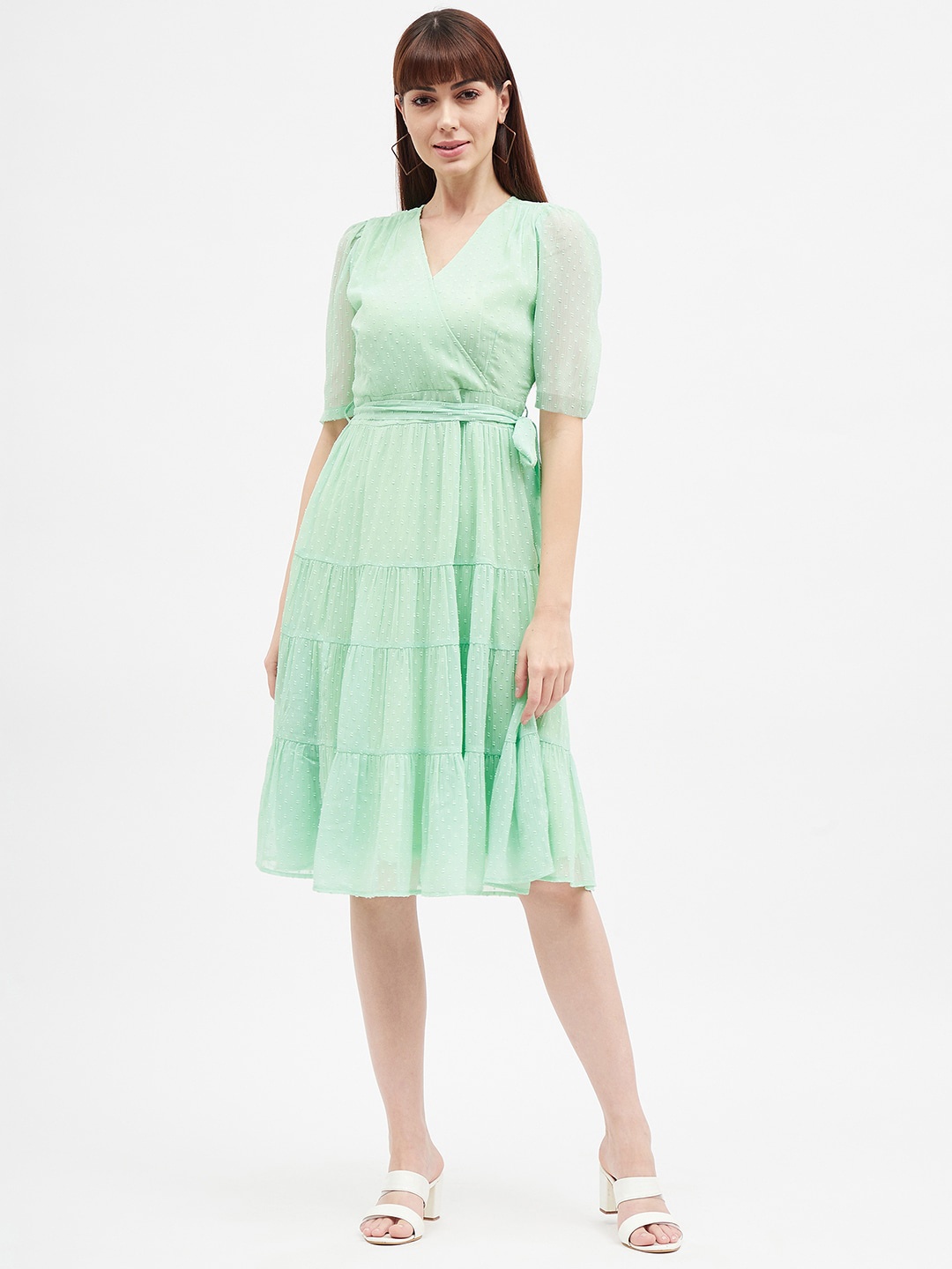 

Harpa Self Design Tiered Belted Wrap Dress, Green