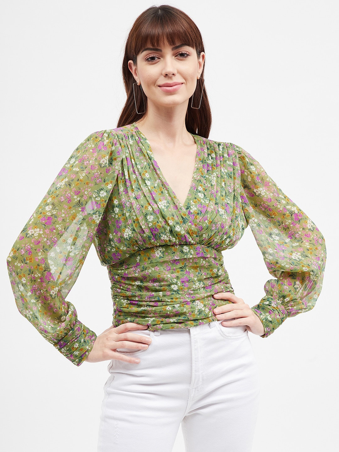 

Harpa Floral Print Pleated Top, Olive