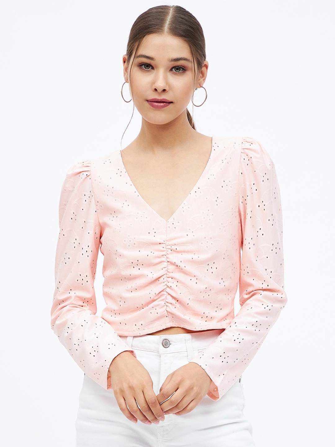 

Harpa Self Design Schiffli Crop Top, Pink