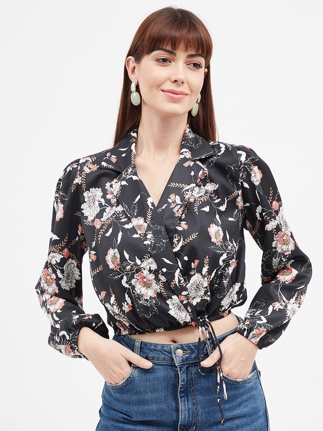 

Harpa Floral Printed Puff Sleeve Wrap Crop Top, Black