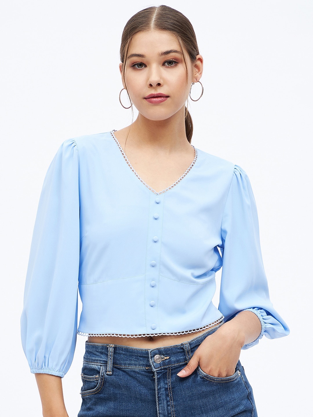

Harpa V Neck Puff Sleeves Crop Top, Blue