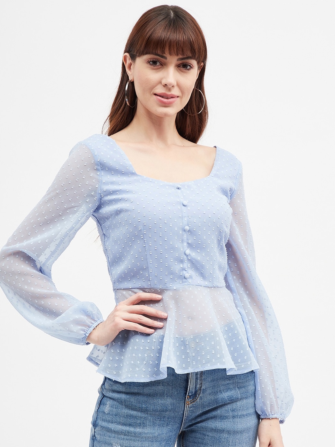 

Harpa Scoop Neck Self Design Peplum Top, Blue