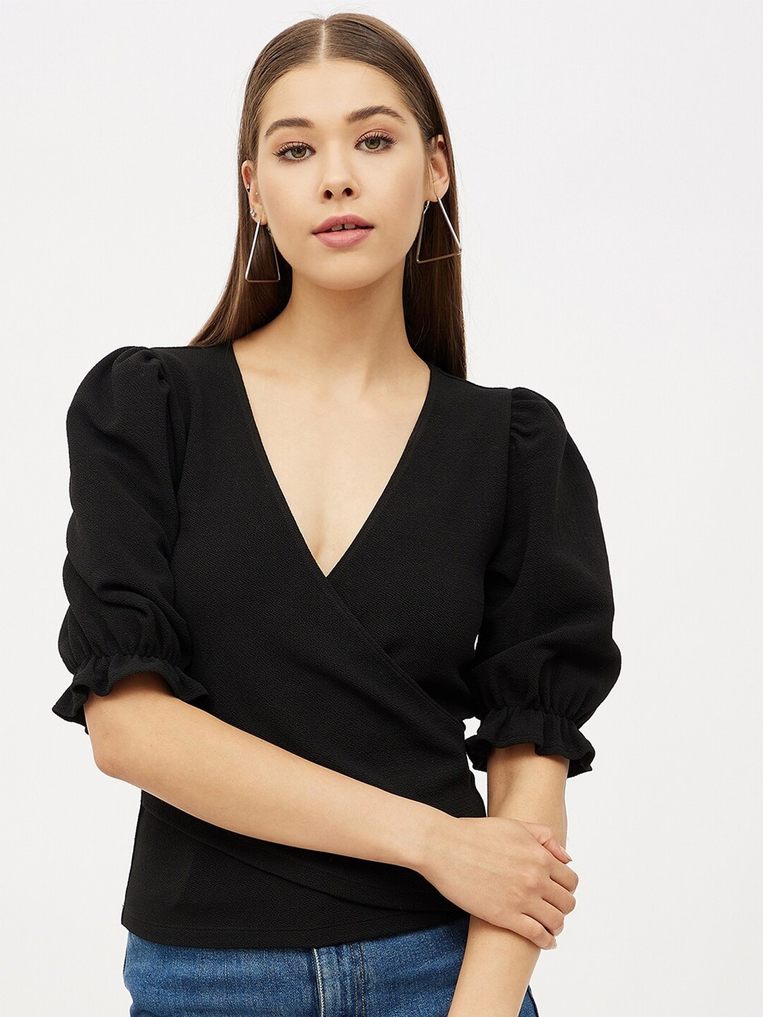 

Harpa V Neck Puff Sleeve Wrap Top, Black