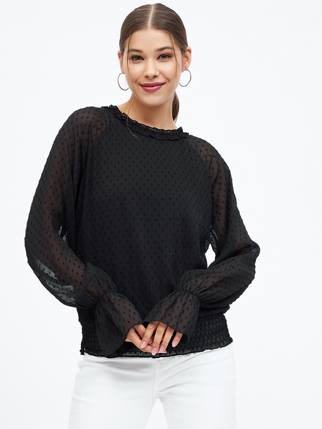 

Harpa Self Design Raglan Sleeve Top, Black