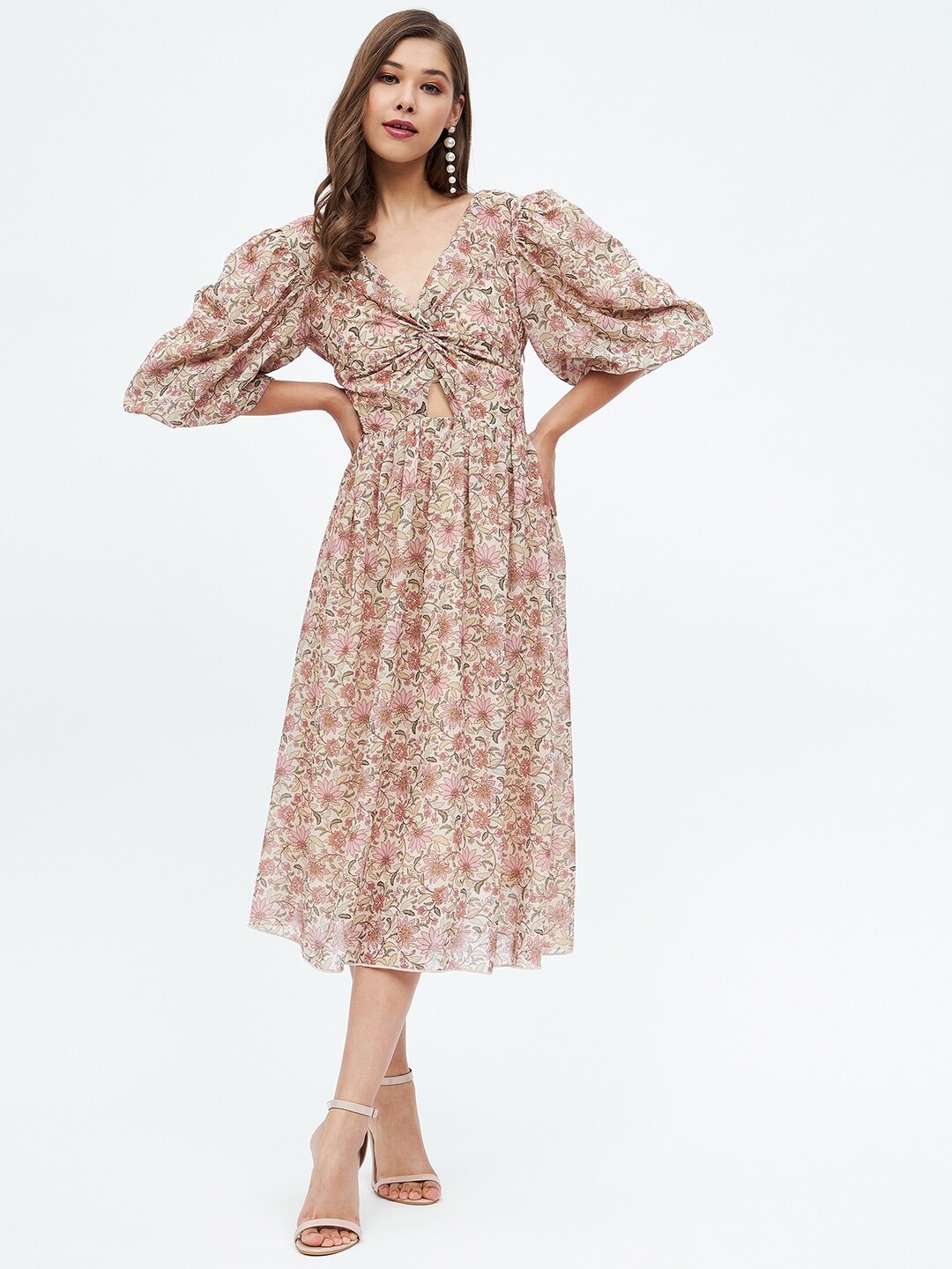 

Harpa Floral Printed Flared Sleeve Georgette Fit and Flare Dress, Beige