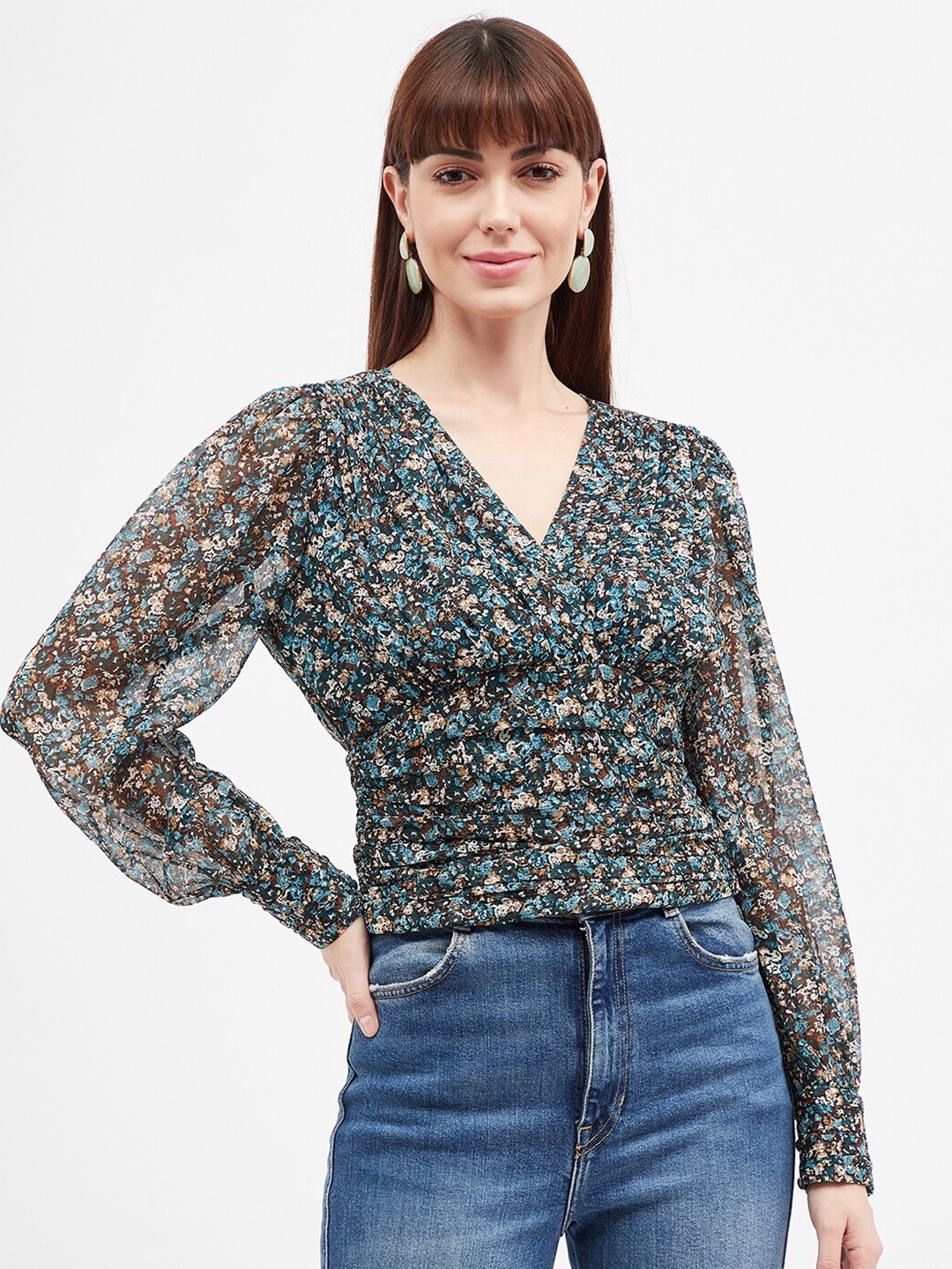 

Harpa Floral Printed Puff Sleeve Wrap Top, Black