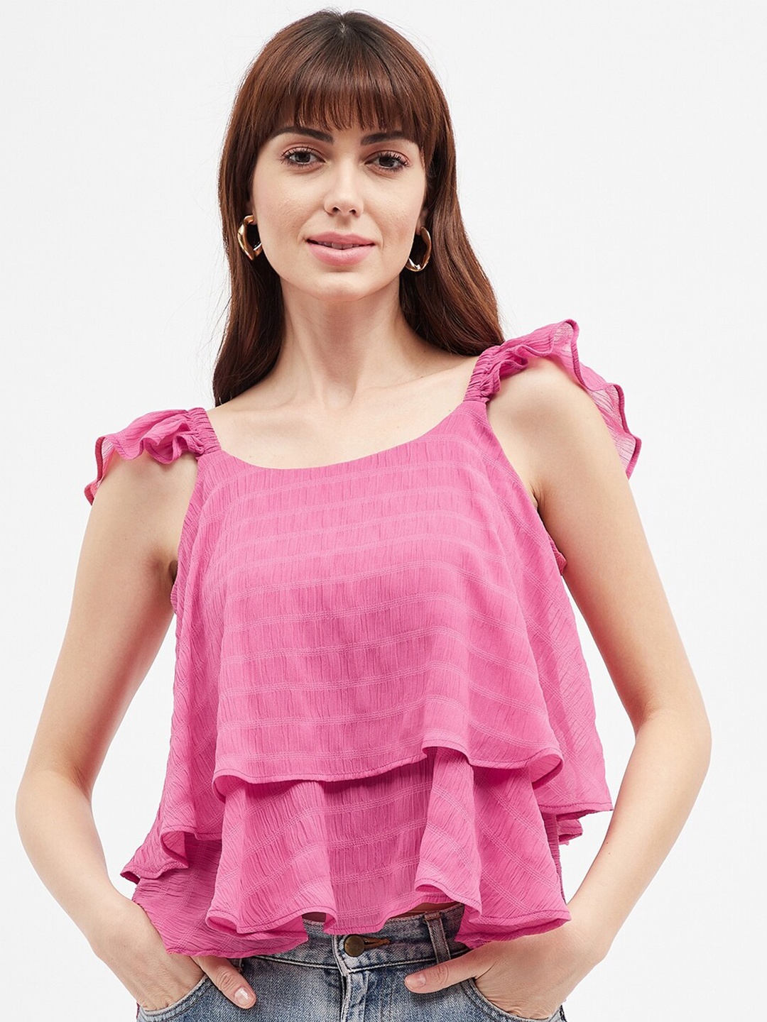 

Harpa Blue Self Design Ruffles Tiered Top, Pink