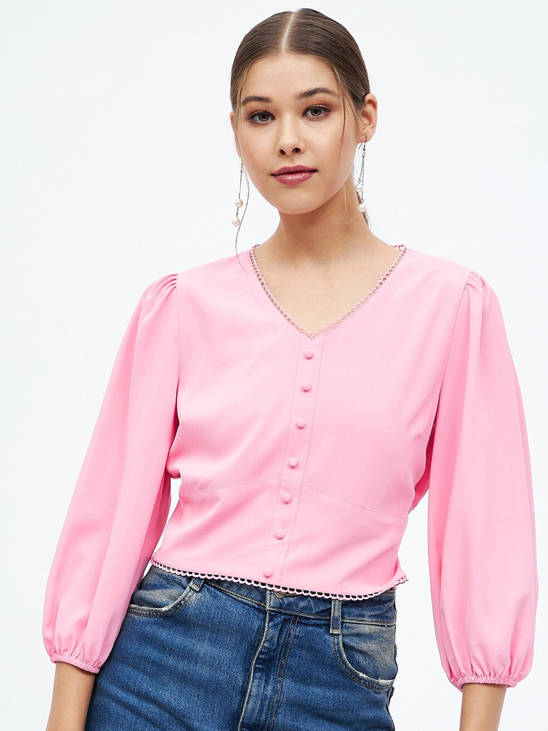 

Harpa Puffed Sleeves Shirt Style Crop Top, Pink