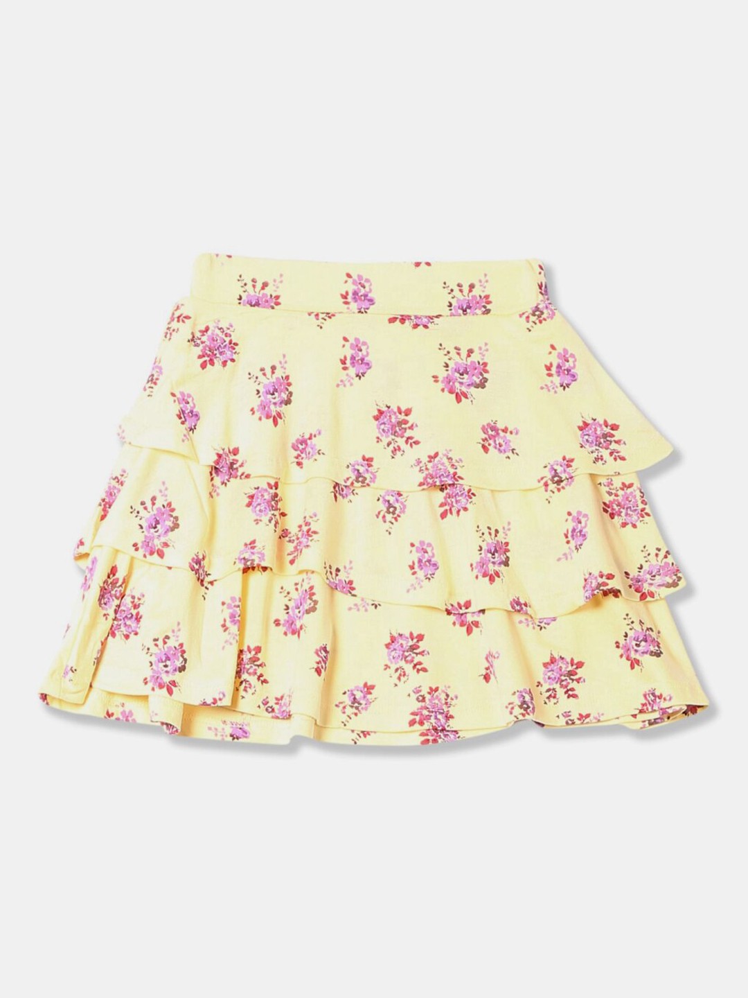 

V-Mart Girls Floral Printed Pure Cotton Tiered Knee Length Skirt, Yellow