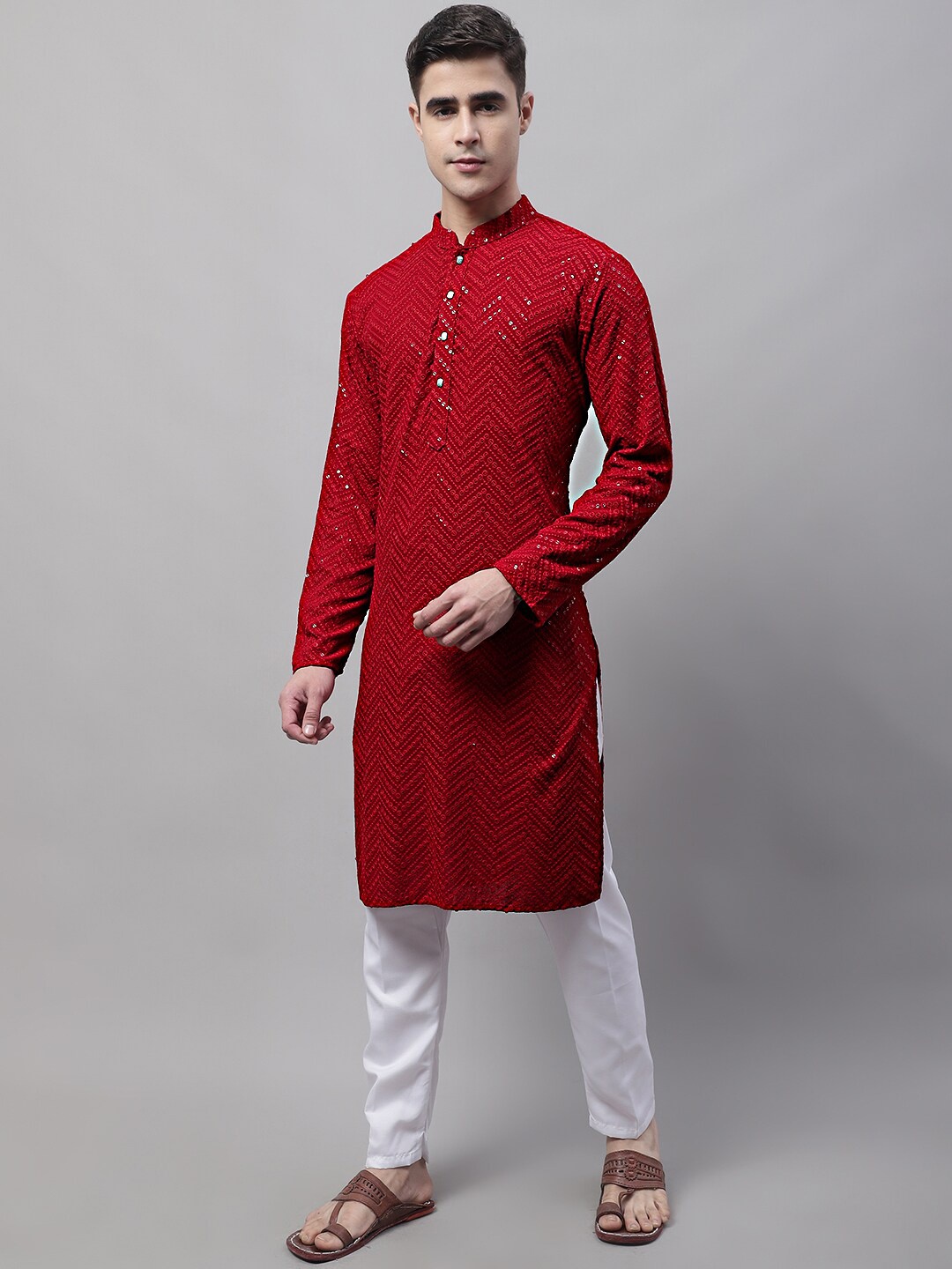 

Jompers Embroidered Sequinned Pure Cotton Kurta With Pyjamas, Maroon