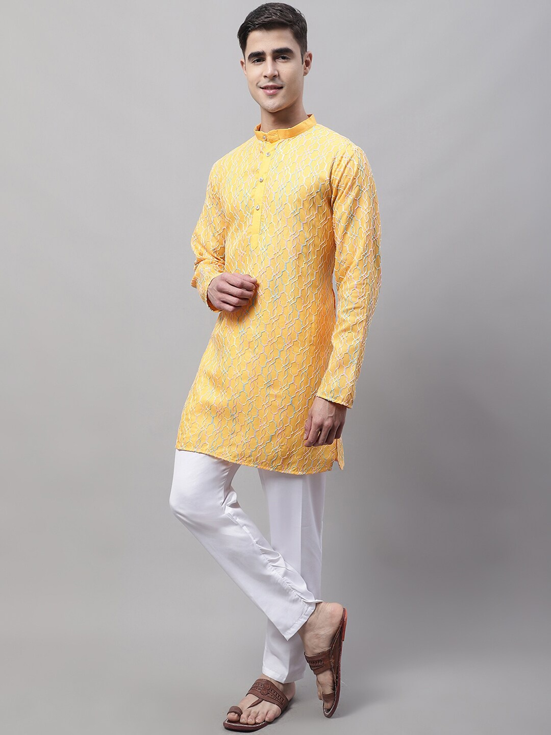 

Jompers Men Ethnic Motifs Embroidered Pure Cotton Kurta with Pyjamas, Mustard