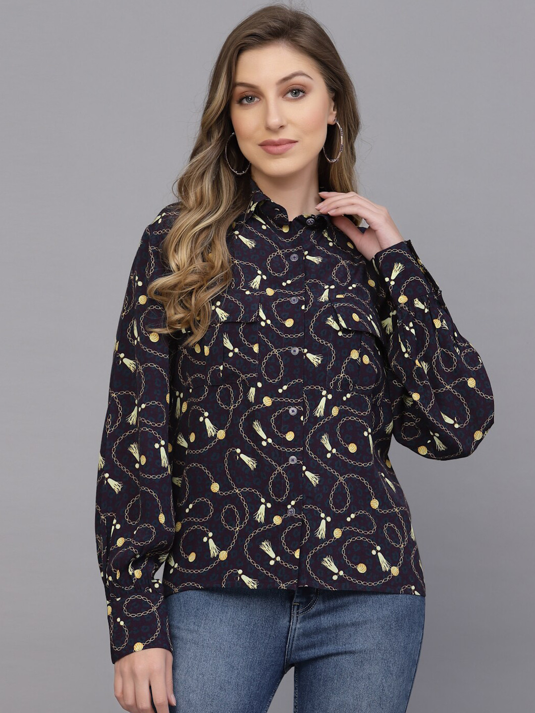 

VALBONE Women Classic Printed Pure Cotton Shirt, Navy blue