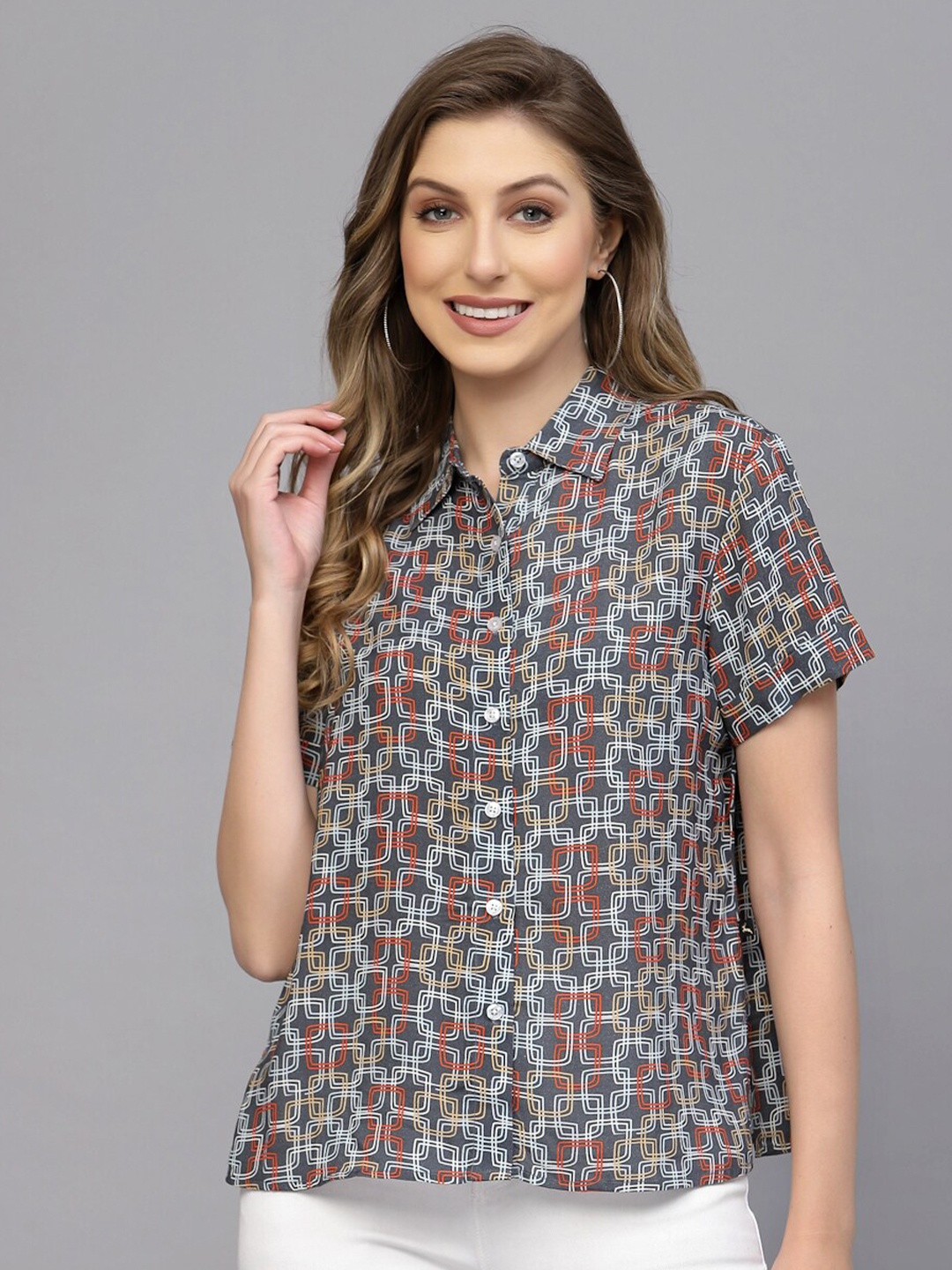

VALBONE Women Classic Geometric Printed Pure Cotton Shirt, Grey