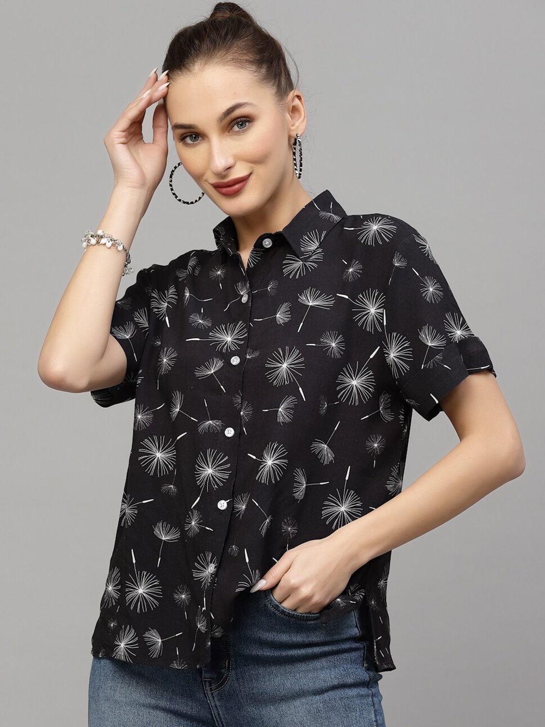 

VALBONE Women Classic Floral Printed Casual Shirt, Black
