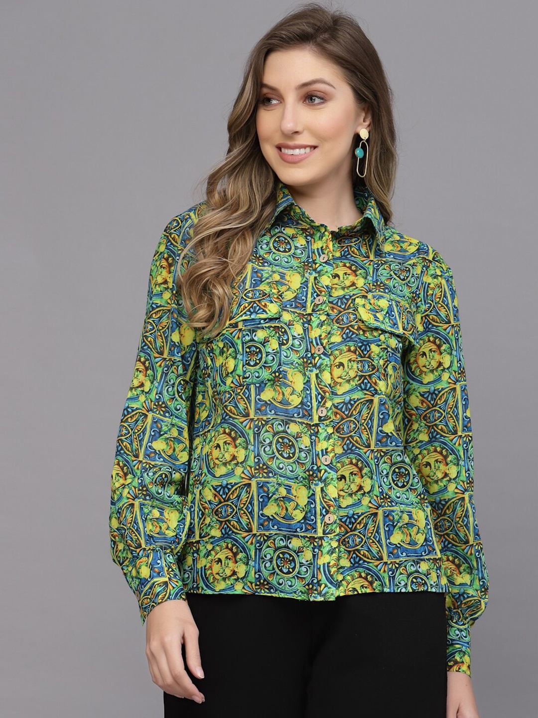 

VALBONE Women Classic Ethnic Printed Casual Cotton Shirt, Green