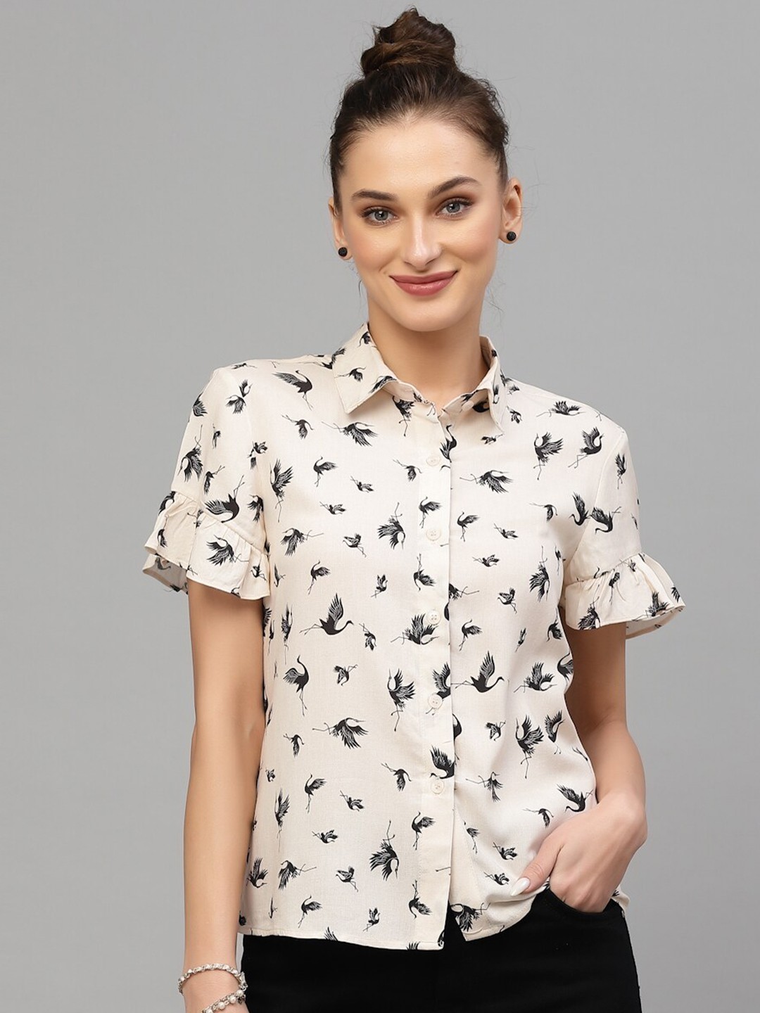 

VALBONE Women Classic Printed Casual Shirt, Beige