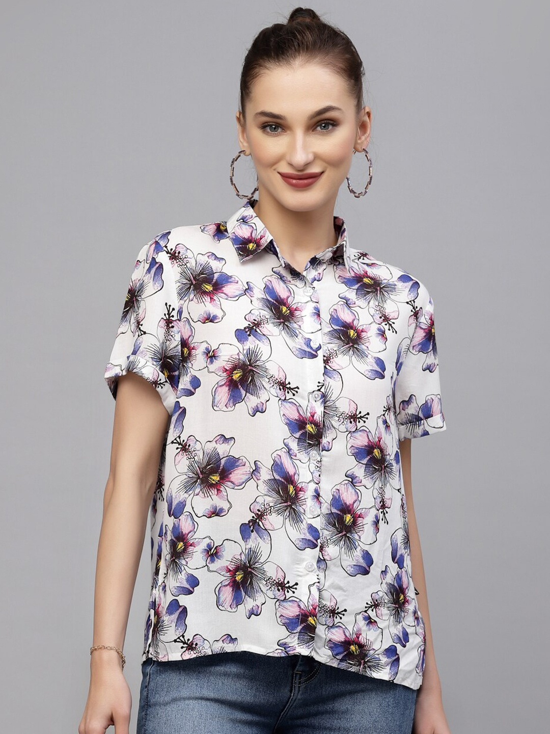 

VALBONE Women Classic Floral Printed Casual Shirt, Off white