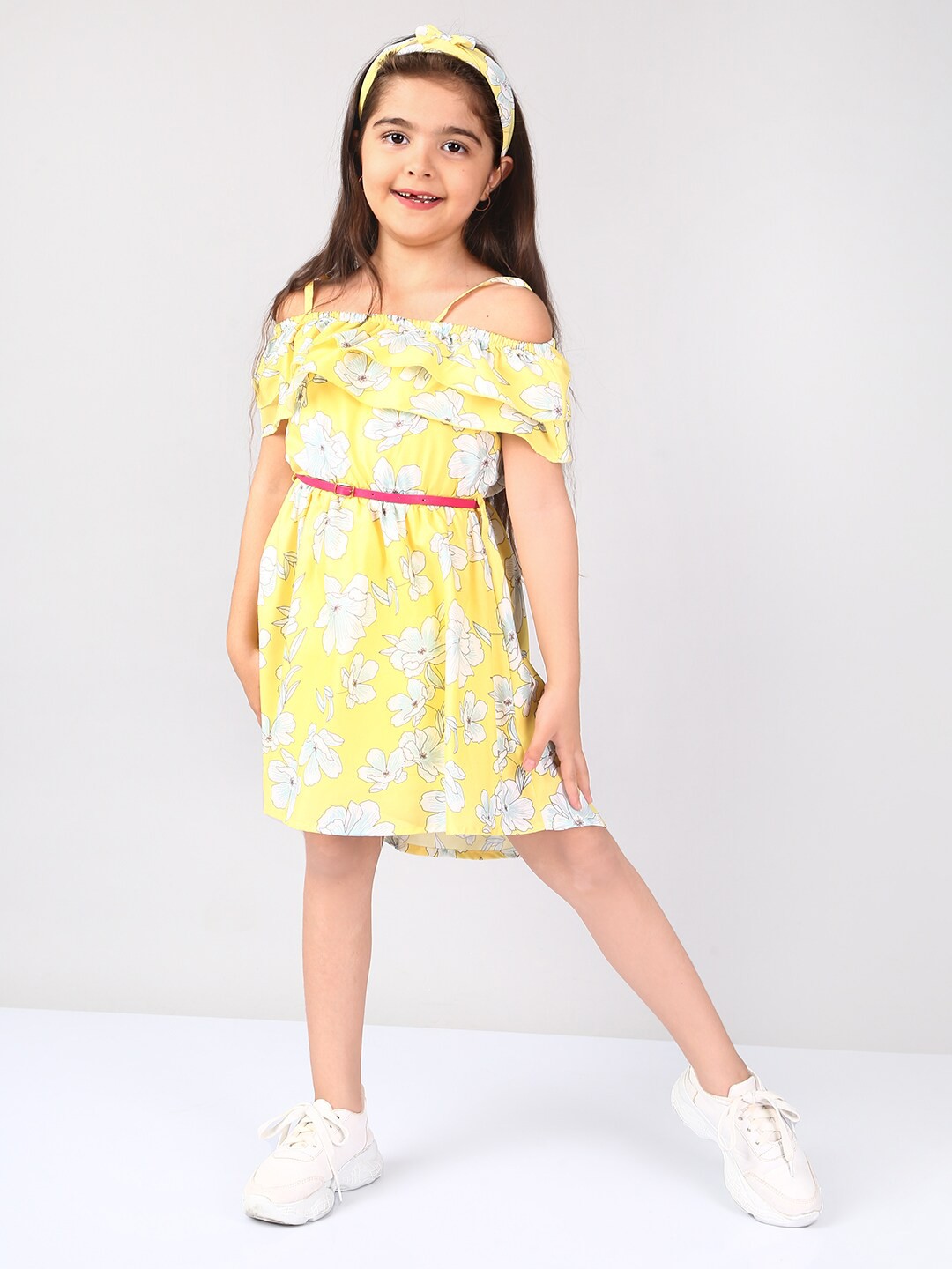 

Naughty Ninos Girls Floral Printed Crepe Fit & Flare Dress Comes With Belt, Yellow