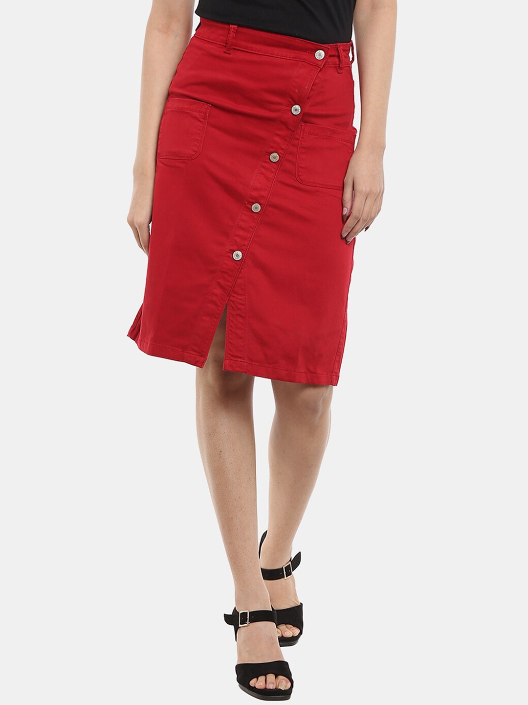 

V-Mart Front Slit Knee-Length Pure Cotton Straight Skirt, Red