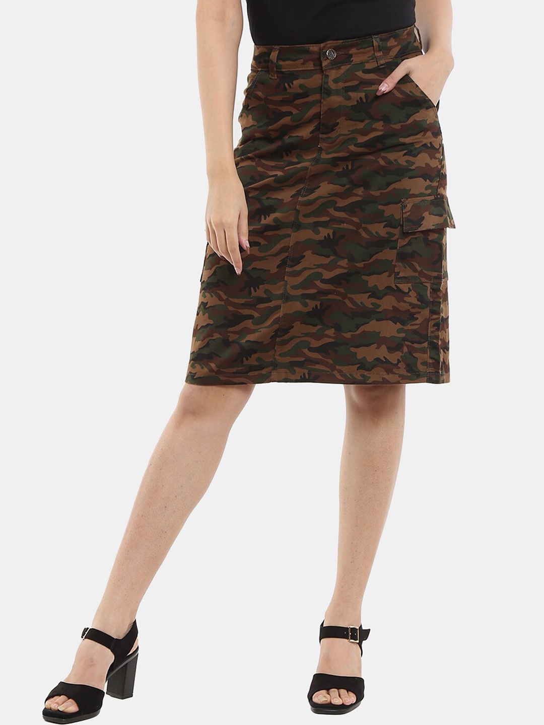 

V-Mart Camouflage Printed Knee-Length Pure Cotton Straight Skirts, Green