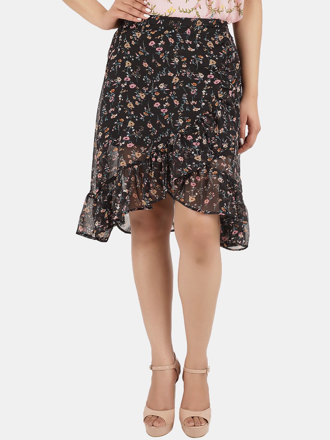 

V-Mart Floral Printed Knee-Length Georgette A-Line Skirt, Black