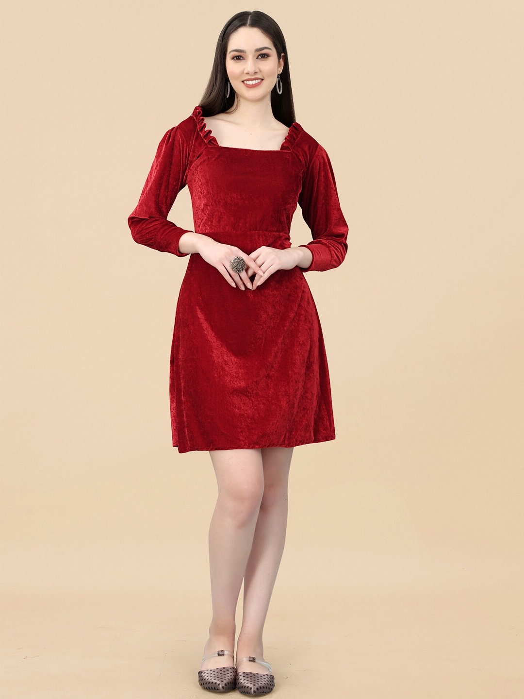

APNISHA Square Neck A-Line Dress, Maroon