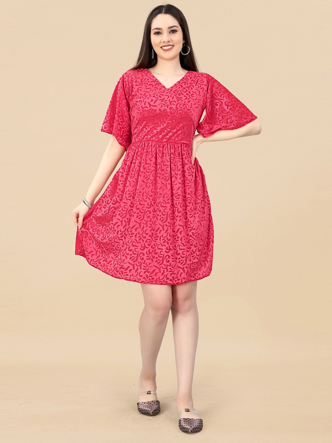 

APNISHA Self Design flared sleeve Fit And Flare Dress, Red