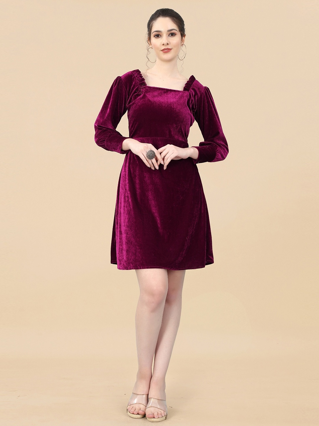 

APNISHA Square Neck Velvet A-Line Dress, Magenta