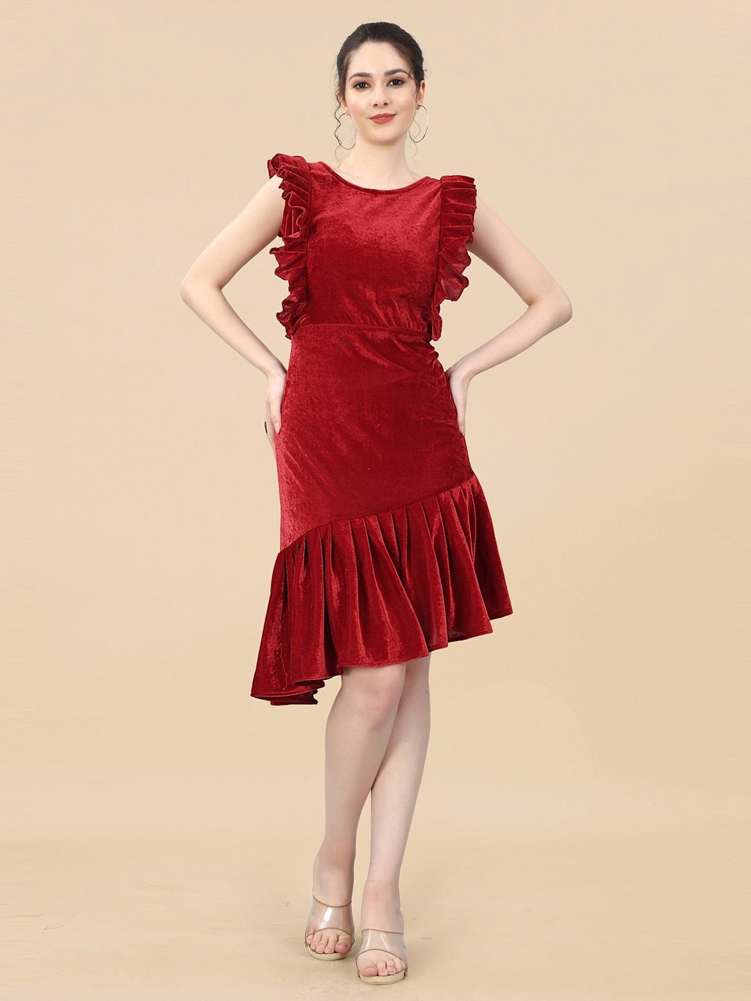 

APNISHA Boat Neck Ruffles Details Velvet Sheath Dress, Maroon