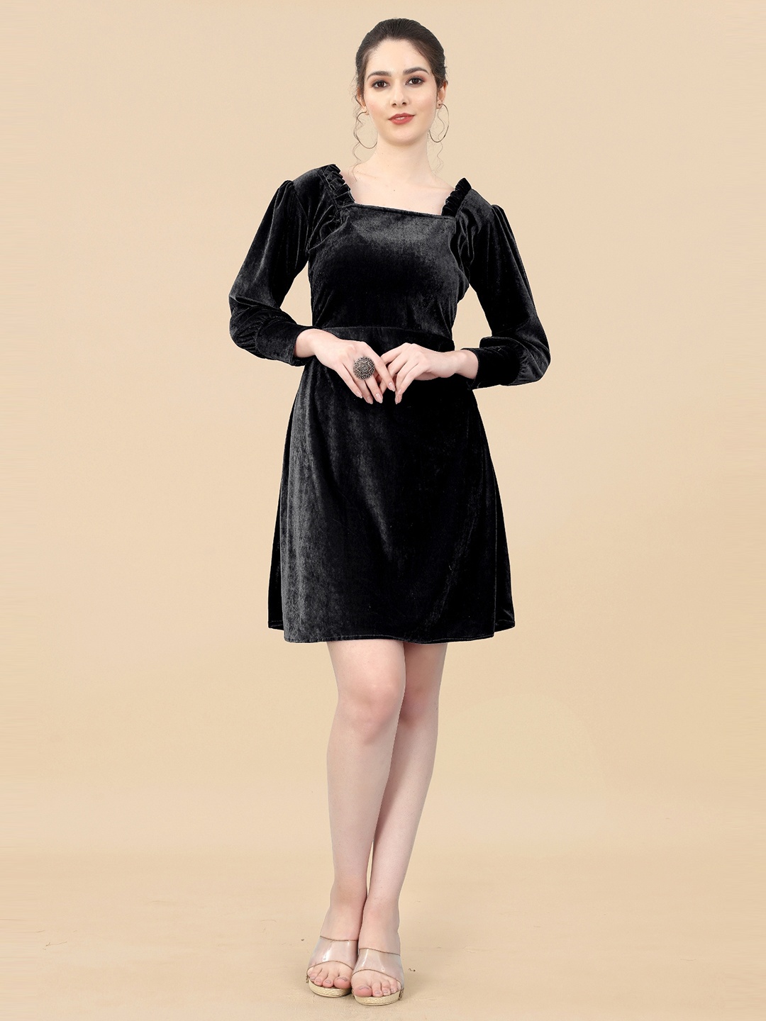 

APNISHA Square Neck Velvet A-Line Dress, Black