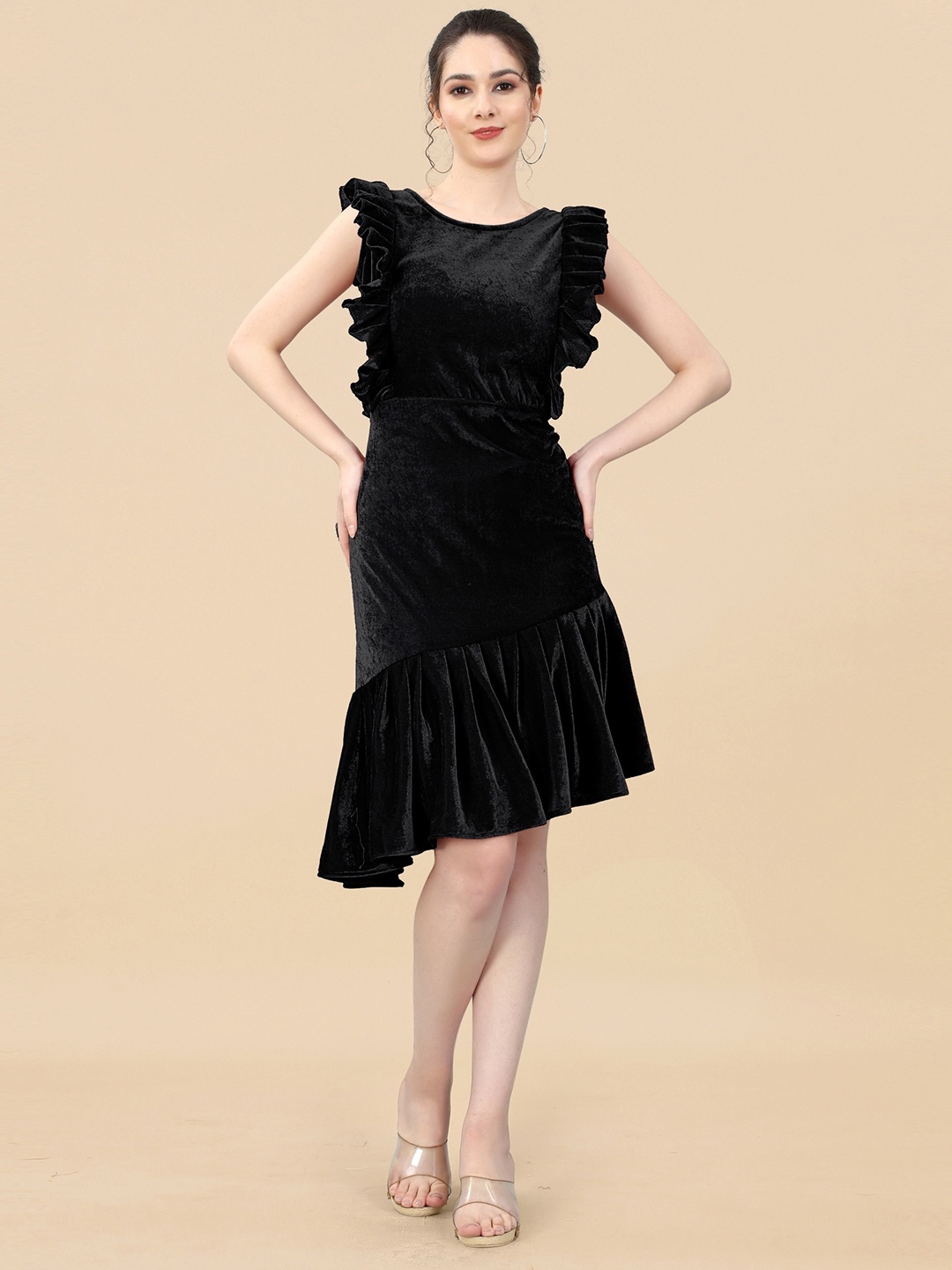 

APNISHA Velvet A-Line Dress, Black