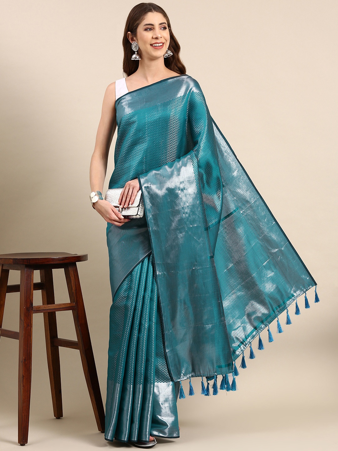

Mitera Woven Design Zari Silk Blend Kanjeevaram Saree, Blue