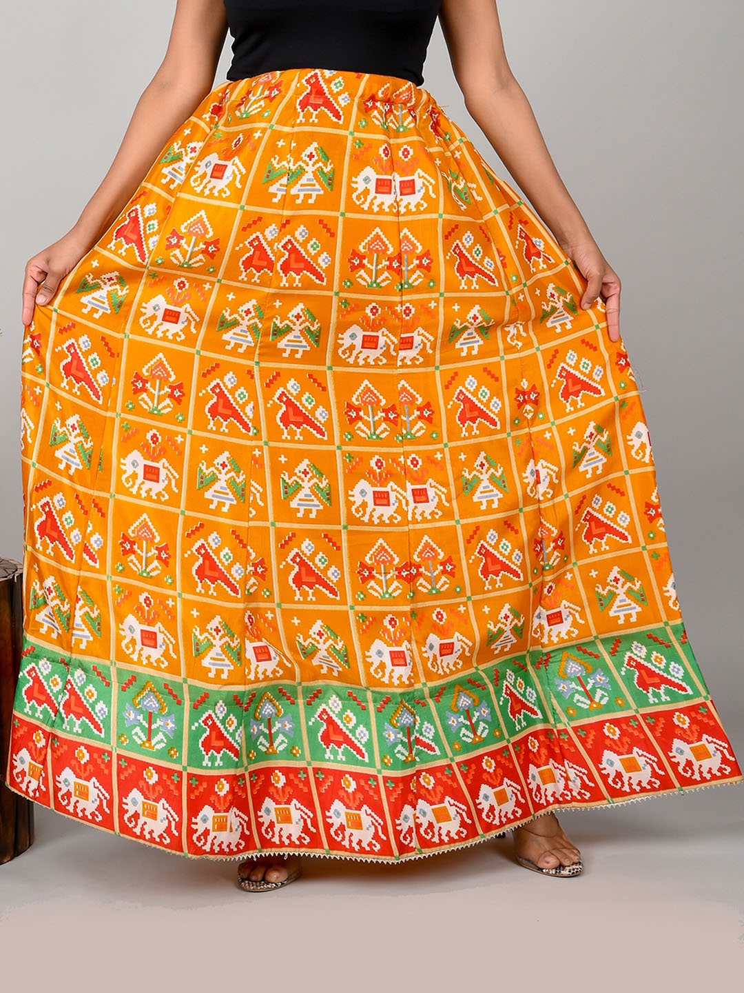 

Kesarya Printed Pure Silk Panelled Flared Maxi Skirt, Yellow