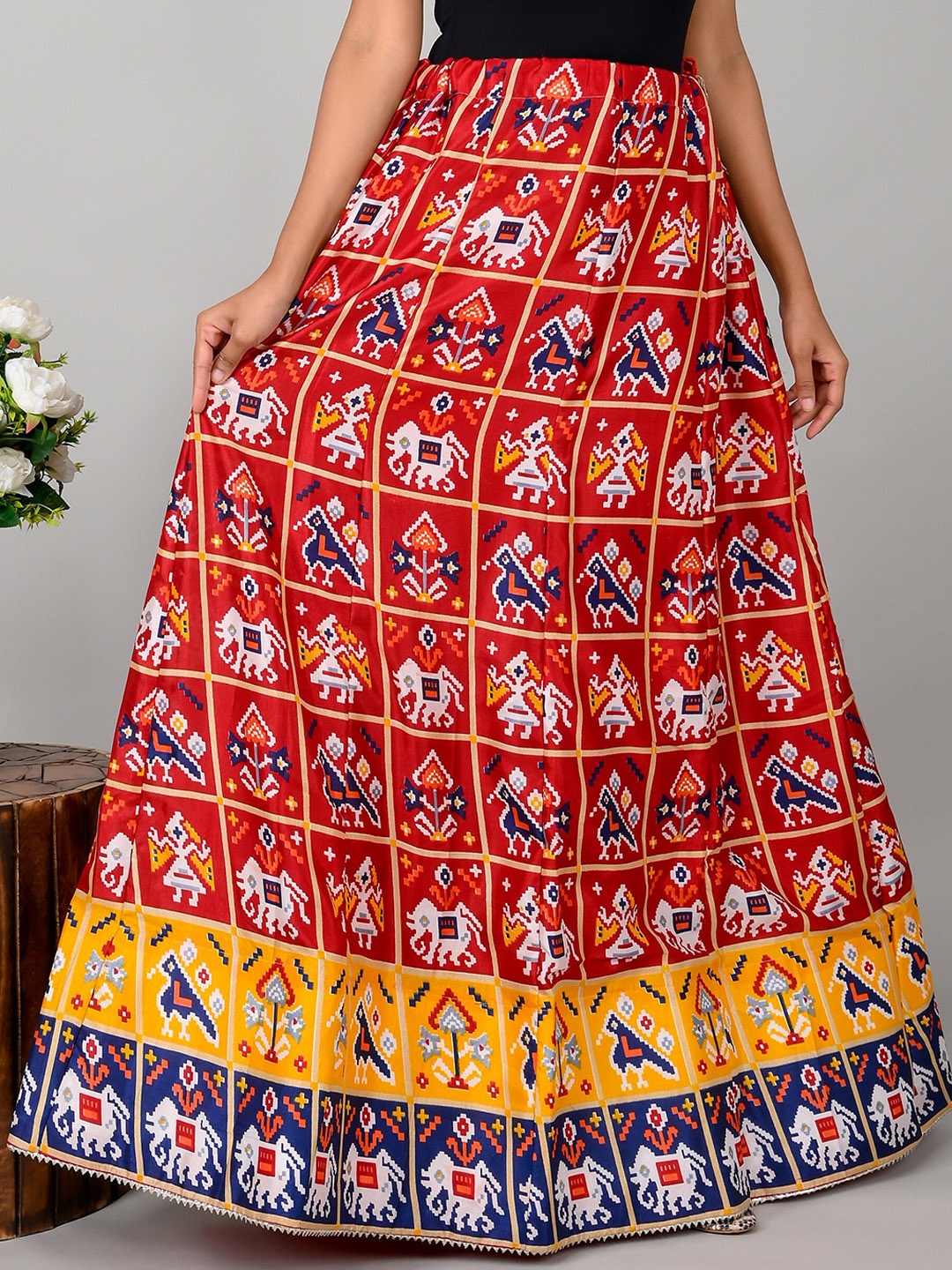 

Kesarya Printed Pure Silk Panelled Flared Maxi Skirt, Red