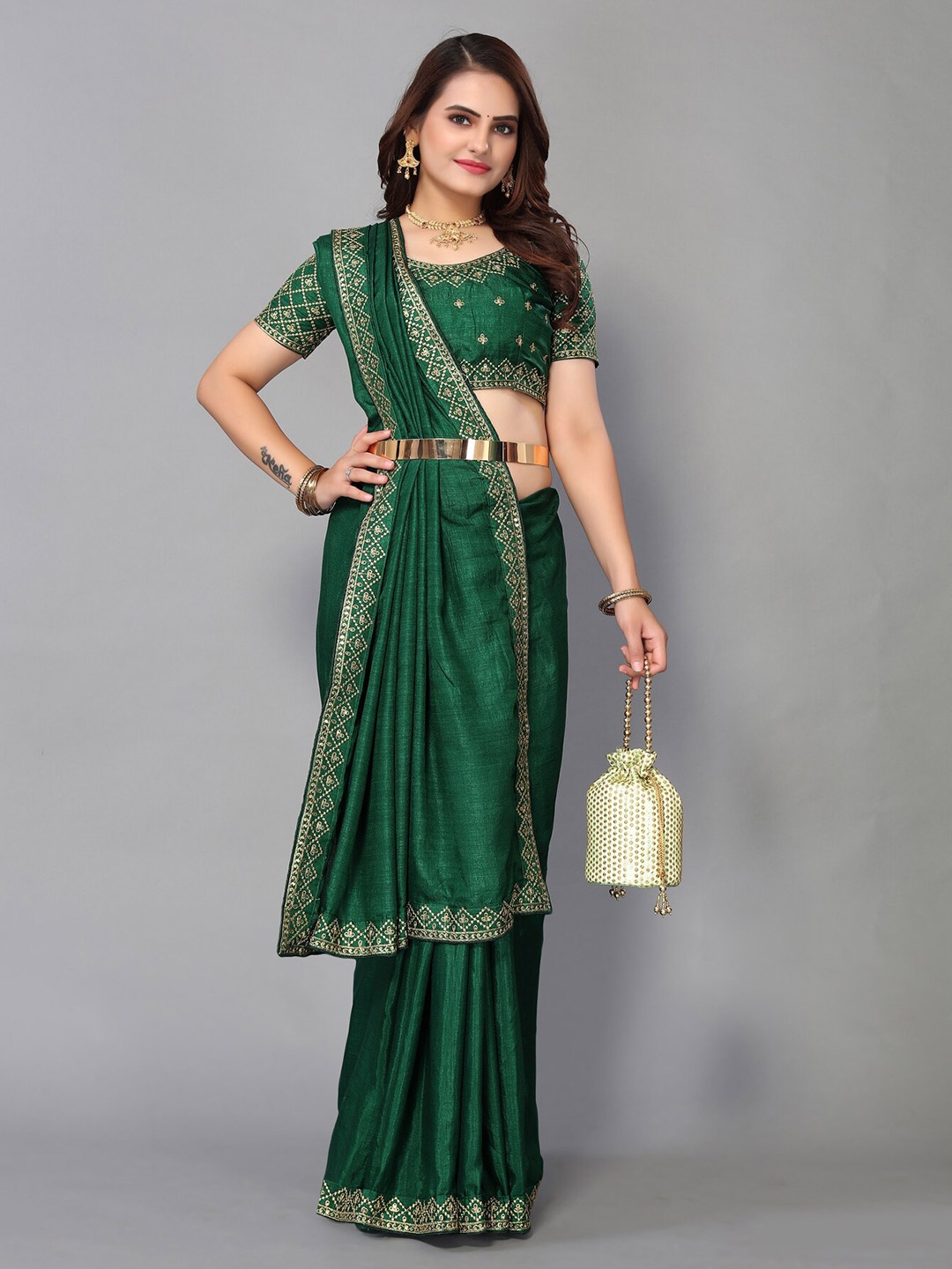 

KALINI Zari Embroidered Saree, Green